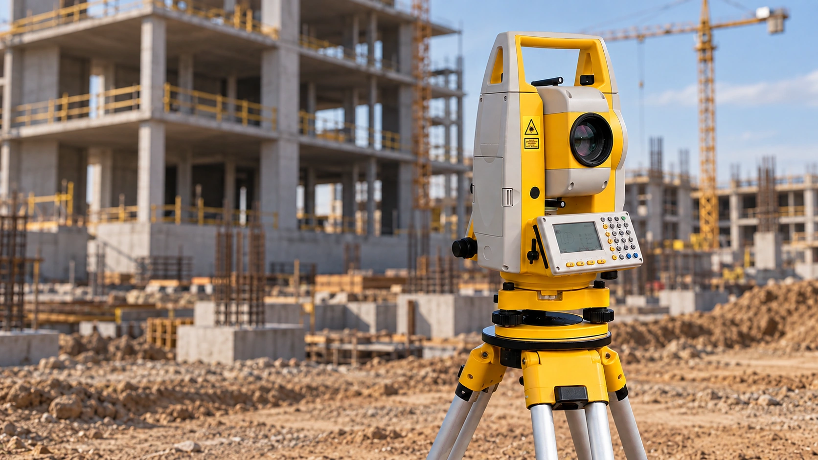 Imagem ilustrativa de uma estação total Geodetic GD2i8 sobre tripé em um canteiro de construção civil