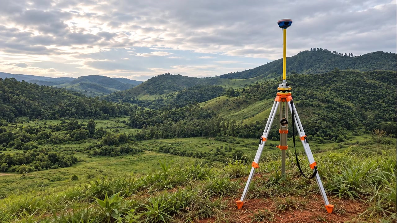 Ilustração de um receptor GNSS sobre suporte em uma paisagem rural com morros e pastagens